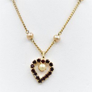 Vintage Ruby Colored Heart & Faux Pearl Necklace Gold Tone